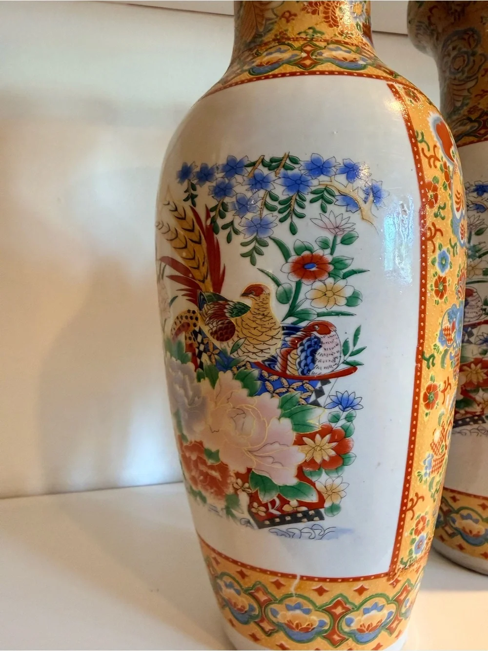 Pair Vintage Japanese Satsuma Style Porcelain Vases Hand Painted Birds Floral